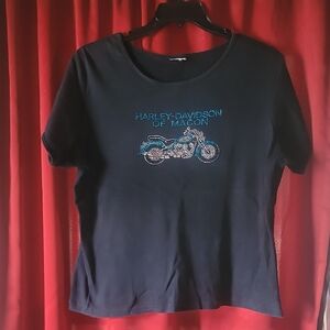 Harley-Davidson Block Tee with Blue and Silver Motorcycle Design